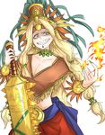  aztec bad_id bad_pixiv_id blonde_hair bracer breasts circlet cleavage commentary_request earrings evil_grin evil_smile fate/grand_order fate_(series) fingernails fire green_eyes green_nails grin headdress highres holding holding_weapon jewelry kan_(aaaaari35) long_hair macuahuitl medium_breasts midriff nail_polish necklace poncho quetzalcoatl_(fate/grand_order) shaded_face sharp_fingernails sharp_teeth smile solo sword teeth weapon 
