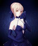  artoria_pendragon_(all) bad_id bad_pixiv_id bangs bare_shoulders blonde_hair blue_background blue_dress blue_gloves blue_ribbon braid breasts choker cleavage closed_mouth collarbone dress elbow_gloves expressionless fan fate/stay_night fate_(series) folding_fan french_braid gloves gradient gradient_background hair_bun hair_ribbon holding holding_fan looking_at_viewer medium_breasts no_bra pale_skin revision ribbon saber_alter sidelocks sleeveless sleeveless_dress solo tsurime upper_body yellow_eyes zhano_kun 