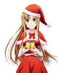  asuna_(sao) bow bowtie box brown_eyes brown_hair capelet cowboy_shot dress gift gift_box hat head_tilt holding holding_box long_hair looking_at_viewer official_art red_bow red_capelet red_dress red_hat red_neckwear santa_costume santa_hat sheath sheathed solo standing sword sword_art_online sword_art_online:_code_register transparent_background very_long_hair weapon wrist_cuffs 