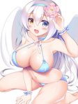  angel_wings bikini blue_bikini blue_eyes blue_hairband blush breasts character_request cleavage eyebrows_visible_through_hair flower hair_flower hair_ornament hairband heterochromia inma_kourin_devil_carnival large_breasts long_hair looking_at_viewer open_mouth ribbon seiza seta_(monyun) silver_hair sitting smile solo swimsuit white_ribbon wings wrist_cuffs yellow_eyes 