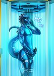  2016 anthro bald blue_scales claws eliana-asato english_text long_claws male masturbation nude reptilian_penis scales shy smile solarium solo standing text yellow_eyes 