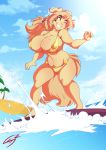  2016 5_fingers absurd_res anthro areola areola_slip beach big_breasts big_thighs bikini blonde_hair breasts canid canine canis clothing cloud detailed_background digital_media_(artwork) domestic_dog female floppy_ears fluffy fluffy_tail fur grin hair hi_res huge_breasts jewelry long_hair long_tail mammal necklace nipple_bulge nipple_slip outside palm_tree sagestrike2_(artist) sand seaside sky smile solo standing surfboard surfing swimsuit tan_ears tan_fur tan_hair tan_tail tattoo teeth tree voluptuous water wide_hips 