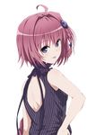  ahoge blue_eyes braid from_behind hair_ornament hand_on_hip highres kurosaki_mea looking_at_viewer looking_back purple_hair short_hair solo standing striped to_love-ru tongue tongue_out transparent_background upper_body vertical_stripes 