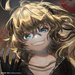  black_gloves blonde_hair blue_eyes collarbone commentary_request evil_grin evil_smile fang glint gloves grin hair_between_eyes lips looking_at_viewer short_hair smile solo tanya_degurechaff twitter_username youjo_senki yukisaki_mayui 