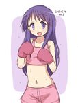  blush boxing_gloves commentary_request crop_top dated eyebrows_visible_through_hair hinata_yukari long_hair looking_at_viewer mel_(melty_pot) midriff navel open_mouth pink_shorts pink_sports_bra purple_background purple_eyes purple_hair shorts signature sketch sleeveless smile solo sweat sweatdrop yuyushiki 