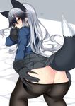  animal_ears ass ass_grab bed_sheet black_gloves black_legwear blush covering_mouth extra_ears fox_ears fox_tail fur_trim gloves gradient_hair highres kemono_friends long_hair long_sleeves looking_back multicolored_hair nebusoku pantyhose pantyhose_pull pleated_skirt signature silver_fox_(kemono_friends) silver_hair simple_background skirt solo sweat tail 