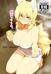  animal_ears barefoot bathroom blonde_hair blush breasts cleavage collarbone cover cover_page doujin_cover female_pov fingernails fox_ears fox_tail highres holding implied_yuri kneeling large_breasts looking_at_viewer mizuga multiple_tails naked_towel open_mouth pov reaching short_hair smile solo sponge tail touhou towel yakumo_ran yellow_eyes 