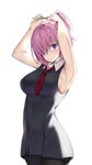  :o adjusting_hair armpits arms_up bangs black_dress black_legwear blush breasts commentary_request cowboy_shot dress fate/grand_order fate_(series) hair_over_one_eye kanikou large_breasts lavender_eyes looking_at_viewer mash_kyrielight necktie pantyhose purple_hair red_neckwear sleeveless sleeveless_dress solo 