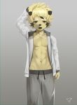  2017 anthro blonde_hair brown_eyes front_view fur gradient_background grey_background hair hand_on_head kiske_7key looking_at_viewer male mammal muscular muscular_male open_jacket open_mouth signature simple_background solo standing sweatpants yellow_fur 