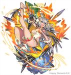  animal_ears barefoot bodypaint breasts claws fire gauntlets grey_hair hips kicking large_breasts last_period legs midair official_art rope shards thighs 