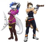  anthro canine clothing duo female fish gun looking_at_viewer male mammal marine neltharion290 ranged_weapon shark smile standing tight_clothing weapon 