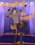  anthro armpits black_hair brown_eyes bulge canine castbound clothed clothing dog elbow_pads english_text fingerless_gloves flexing gloves grin hair looking_at_viewer male mammal muscular neck_tuft pecs pose smile solo spanish_text text tuft wrestler 