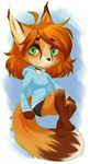  4_toes aimi anthro brown_hair brown_nose chibi clothed clothing eyelashes feline female green_eyes hair looking_at_viewer mammal simple_background smile toes 
