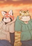  2016 ailurid anthro blush clothing duo feline hoodie humanoid_hands kota&acute; male mammal overweight overweight_male pantherine pants pink_nose red_panda sitting tiger 