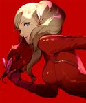  ask_(askzy) blonde_hair blue_eyes bodysuit breasts gloves long_hair mask mask_removed medium_breasts persona persona_5 red red_background solo takamaki_anne twintails 