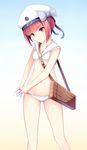  bag bikini clothes_writing cowboy_shot gradient gradient_background hat head_tilt highres kagami_(galgamesion) kantai_collection looking_at_viewer lowleg lowleg_bikini red_eyes red_hair sailor_bikini sailor_collar sailor_hat short_hair side-tie_bikini solo swimsuit tying white_bikini white_hat white_sailor_collar z3_max_schultz_(kantai_collection) 