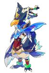  barefoot beak blue_feathers braid claws full_body green_eyes looking_at_viewer male_focus revali rito scarf simple_background solo the_legend_of_zelda the_legend_of_zelda:_breath_of_the_wild white_background yasubaru 