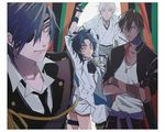  arms_behind_head black_hair blue_hair brown_hair cape crossed_arms curtains eyepatch feathers hair_feathers japanese_clothes male_focus maru0one multiple_boys necktie ookurikara shokudaikiri_mitsutada shorts smile taikogane_sadamune tattoo touken_ranbu tsurumaru_kuninaga yellow_eyes 