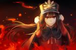  bangs black_cape black_hair blunt_bangs cape fate/grand_order fate_(series) fire gloves hat kanmuri_(hanyifan30338) long_hair long_sleeves looking_at_viewer military_hat oda_nobukatsu_(fate/grand_order) peaked_cap red_eyes solo straight_hair upper_body white_gloves 