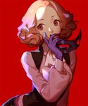  ask_(askzy) cravat gloves mask mask_removed okumura_haru orange_hair persona persona_5 purple_eyes red_background solo vest wavy_hair 