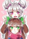  :d :t ahoge bangs behind_another blush bow brown_hair closed_mouth double_bun double_v eyebrows_visible_through_hair green_bow green_eyes grey_hair hair_bow hair_ornament hair_rings hair_scrunchie hands_up heart long_hair looking_at_another looking_away looking_down looking_to_the_side multiple_girls open_mouth outline pink_background pink_eyes pink_scarf scarf scrunchie short_hair simple_background sketch smile triangle v wangzhe_rongyao 
