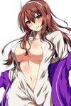  &gt;:) ar_(lover_boy) ashigara_(kantai_collection) breasts brown_eyes brown_hair hairband highres horned_headwear jacket kantai_collection large_breasts long_hair long_sleeves open_clothes open_jacket open_shirt purple_jacket shirt simple_background smile solo tongue tongue_out v-shaped_eyebrows white_background white_shirt 