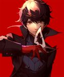  amamiya_ren ask_(askzy) black_eyes black_hair gloves male_focus mask mask_removed persona persona_5 popped_collar red_background solo 