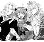  3boys armor astolfo_(fate) bad_id bad_twitter_id beard boy_sandwich braid facial_hair fang fate/apocrypha fate_(series) gauntlets hair_ribbon long_hair looking_at_viewer male_focus monochrome multiple_boys nogamichi open_mouth otoko_no_ko ribbon sandwiched siegfried_(fate) single_braid smile vlad_iii_(fate/apocrypha) 