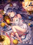  bangs bare_legs bare_shoulders barefoot blue_ribbon breasts cleavage crescent crescent_hair_ornament detached_sleeves dress hair_ornament hair_ribbon hat highres kedama_milk lantern long_hair looking_at_viewer lying mob_cap on_side patchouli_knowledge pillow purple_eyes red_ribbon ribbon small_breasts smile solo touhou very_long_hair white_dress 