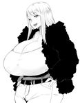  bad_id bad_twitter_id belt breasts cleavage copyright_request denim freckles fur_coat gigantic_breasts greyscale jeans long_hair monochrome nuezou pants simple_background smile solo white_background 