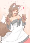  :d absurdres animal_ears bare_shoulders blush breasts brooch brown_hair claws cleavage cowboy_shot cube85 dress fang fur heart highres imaizumi_kagerou jewelry large_breasts long_hair long_sleeves looking_at_viewer monster_girl off-shoulder_dress off_shoulder open_mouth red_eyes smile solo touhou werewolf white_dress wide_sleeves wolf_ears 