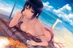  absurdres ass bangs bare_arms bare_legs bare_shoulders barefoot beach beach_umbrella bikini black_hair blue_sky breasts brown_eyes character_request cleavage cloud day eyelashes hair_between_eyes hand_to_own_mouth highres innertube large_breasts leg_up looking_at_viewer lying ocean on_stomach outdoors red_bikini sand side-tie_bikini sidelocks sky solo strap_slip sugina_miki swimsuit tanning_oil umbrella untied untied_bikini water 