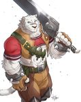  2017 5_fingers anthro big_muscles clothed clothing feline fur grimoire_of_zero looking_at_viewer male mammal melee_weapon mercenary_(character) muscular muscular_male simple_background solo sword takemoto_arashi tiger weapon white_background white_fur 