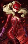  athenawyrm blonde_hair blue_eyes bodysuit breasts gloves hair_ornament long_hair looking_at_viewer mask medium_breasts persona persona_5 red smile solo takamaki_anne tongue tongue_out twintails 