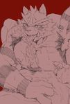  anthro blush cum erection incineroar male male/male mammal muscular nintendo nude orgasm osaruyan pecjob pecs penis pok&eacute;mon red_background simple_background video_games 