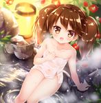  :d arm_support bangs bare_arms bare_legs bare_shoulders blurry blush brown_eyes brown_hair collarbone commentary_request covered_navel depth_of_field eyebrows_visible_through_hair fingernails flat_chest flower from_above hair_between_eyes hand_up hat hat_removed headwear_removed kantai_collection lamp leaf light light_particles long_hair looking_at_viewer looking_up mitsuba_choco naked_towel onsen open_mouth red_flower ripples rock ryuujou_(kantai_collection) see-through shiny shiny_hair shiny_skin sitting smile soaking_feet solo steam thighs towel twintails visor_cap water wet wet_hair wet_towel white_towel 