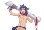  2018 animal_humanoid blue_hair bone brown_eyes clothing collar front_view gloves hair holding_object humanoid kiske_7key leash navel nipples open_mouth signature simple_background smile standing white_background young 