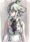  ahoge androgynous arms_at_sides bare_shoulders breasts brown collarbone cravat crown double-breasted expressionless hair_between_eyes lips looking_to_the_side medium_breasts original parted_lips pointy_ears short_hair shousan_(hno3syo) sidelocks silver_hair simple_background sketch sleeveless solo upper_body wing_collar 