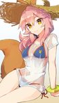  :3 agsen animal_ears arm_support bikini bikini_under_clothes blue_bikini bracelet breasts cleavage commentary_request ears_through_headwear fate/grand_order fate_(series) fox_ears fox_tail hat jewelry long_hair looking_at_viewer low_ponytail medium_breasts pink_hair ponytail scrunchie see-through shirt short_sleeves side-tie_bikini sidelocks simple_background sitting solo straw_hat sun_hat swimsuit swimsuit_under_clothes t-shirt tail tamamo_(fate)_(all) tamamo_no_mae_(fate) tamamo_no_mae_(swimsuit_lancer)_(fate) thigh_gap underboob white_shirt yellow_eyes 
