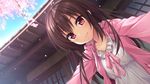  akizora_momiji brown_hair building cherry_blossoms close-up game_cg highres hood hoodie inochi_no_spare_-_i_was_born_for_you long_hair looking_at_viewer petals red_eyes shukugawa_meguri smile solo 