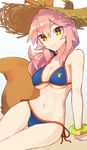  :3 agsen animal_ears arm_support bikini blue_bikini bracelet breasts cleavage commentary_request ears_through_headwear fate/grand_order fate_(series) fox_ears fox_tail groin hat jewelry long_hair looking_at_viewer low_ponytail medium_breasts navel pink_hair scrunchie side-tie_bikini sidelocks simple_background sitting solo straw_hat sun_hat swimsuit tail tamamo_(fate)_(all) tamamo_no_mae_(fate) tamamo_no_mae_(swimsuit_lancer)_(fate) thigh_gap underboob yellow_eyes 
