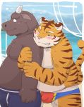  2016 anthro belly blush bovine bulge cattle clothing duo feline hug kota&acute; male mammal moobs one_eye_closed overweight overweight_male pantherine swimsuit tiger water wink 