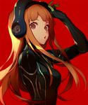 adjusting_goggles arm_at_side ask_(askzy) bangs black_bodysuit bodysuit breasts brown_eyes brown_hair eyelashes fingerless_gloves gloves goggles goggles_on_head hand_up headphones long_hair looking_at_viewer medium_breasts o3o persona persona_5 red_background sakura_futaba simple_background solo straight_hair upper_body 