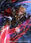  aless_(fire_emblem) armor armored_boots blonde_hair boots brown_eyes cape clover_k company_connection copyright_name detached_sleeves fire_emblem fire_emblem:_seisen_no_keifu fire_emblem_cipher gloves glowing glowing_weapon holding holding_weapon male_focus mystletainn night night_sky official_art open_mouth riding short_hair sky sword weapon 