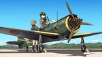  aircraft airfield airplane aviator_girls belt brown brown_hair cloud day forest gesture gloves goggles highres ki-43_hayabusa looking_at_another mountain multiple_girls nature open_mouth original propeller sitting sky standing tokihama_jirou twintails world_war_ii 