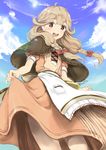  absurdres apron blonde_hair blush bow braid capelet cloud day dress effie_(fire_emblem) fire_emblem fire_emblem_echoes:_mou_hitori_no_eiyuuou highres long_hair md5_mismatch open_mouth outdoors sky solo tayashitsu teeth twin_braids upper_body 