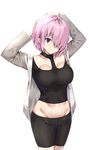  adjusting_hair bike_shorts blush breasts cleavage commentary_request fate/grand_order fate_(series) groin hair_over_one_eye kanikou mash_kyrielight medium_breasts midriff purple_hair short_hair solo white_background 