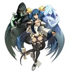  3d absurdres artist_request asymmetrical_wings bangs blue_hair breasts choker dizzy full_body glowing glowing_eyes guilty_gear highres hood long_hair looking_at_viewer medium_breasts necro_(guilty_gear) official_art red_eyes ribbon simple_background skull smile tail tail_ribbon thighhighs twintails underboob undine_(guilty_gear) very_long_hair white_background wide_sleeves wings 