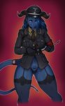  blue_hair blue_skin clothed clothing draenei female gloves hair hat horn humanoid leather legwear looking_at_viewer mali6 nazi necktie panties skull smile solo standing stockings tattoo thick_thighs underwear uniform uthstar01 video_games warcraft whip 