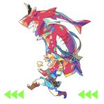  :d blonde_hair blush_stickers boots brown_footwear brown_gloves carrying chibi cravat fang feathers full_body gills gloves link male_focus monster_boy multiple_boys open_mouth running sash scar shoulder_carry sidon simple_background smile the_legend_of_zelda the_legend_of_zelda:_breath_of_the_wild tunic white_background yasubaru zora 